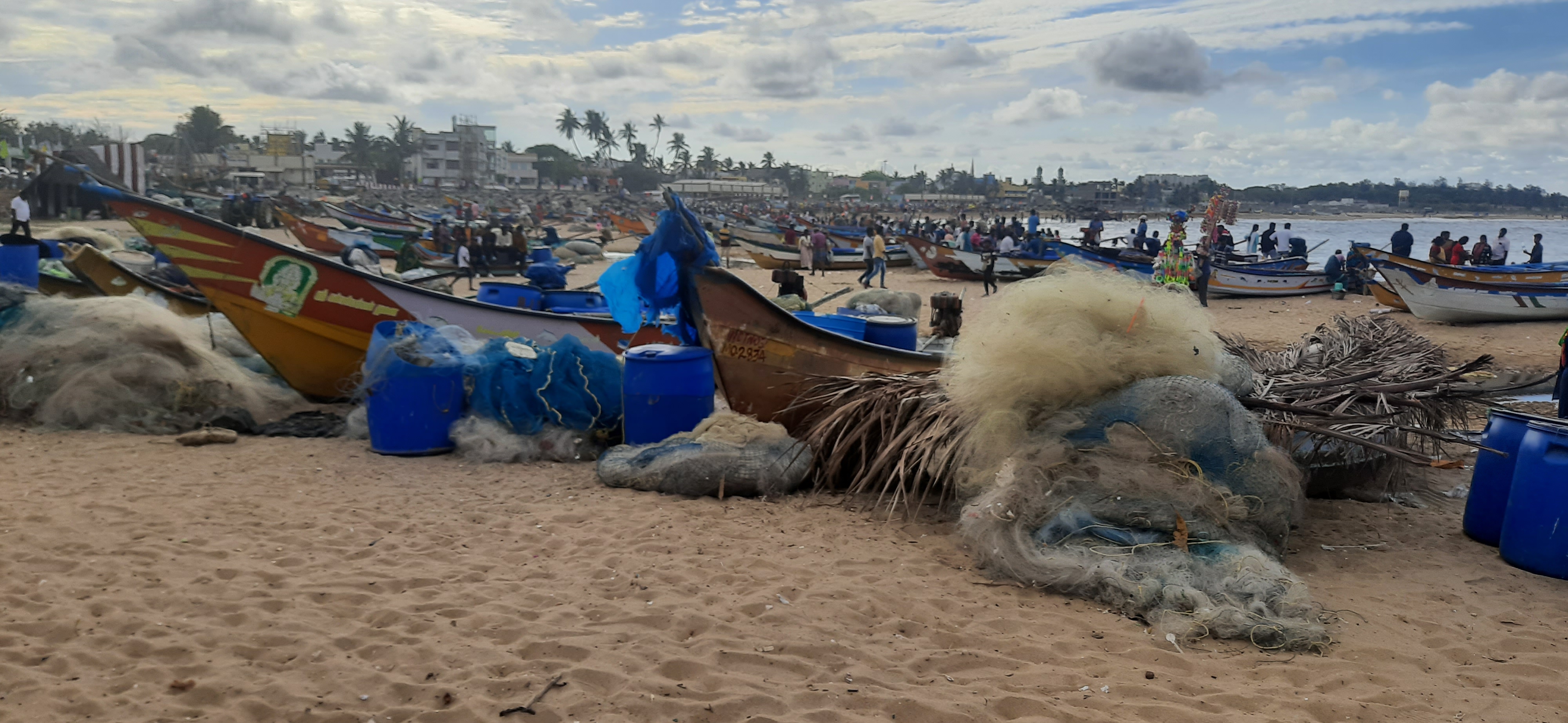 Lots of fisherman gear on the shore