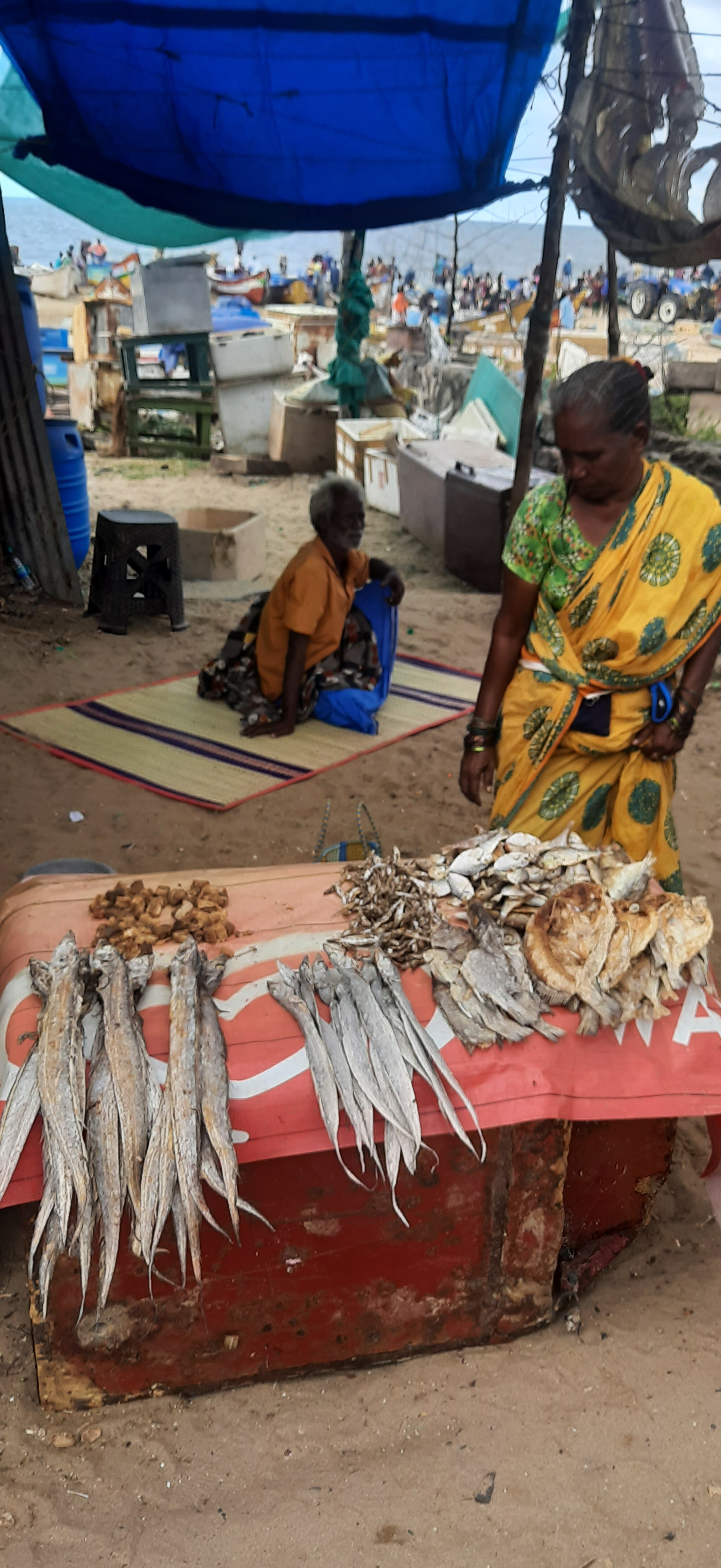 Local lady selling fish at the beach